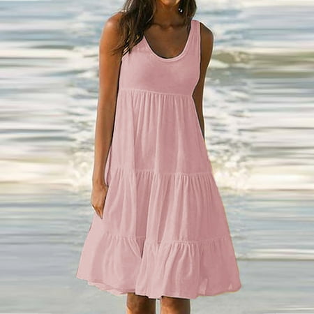 

cllios Casual Dress for Women Summer Solid Scoop Neck Tiered Loose Tank Dresses Sleeveless A-Line Comfy Midi Beach Dress