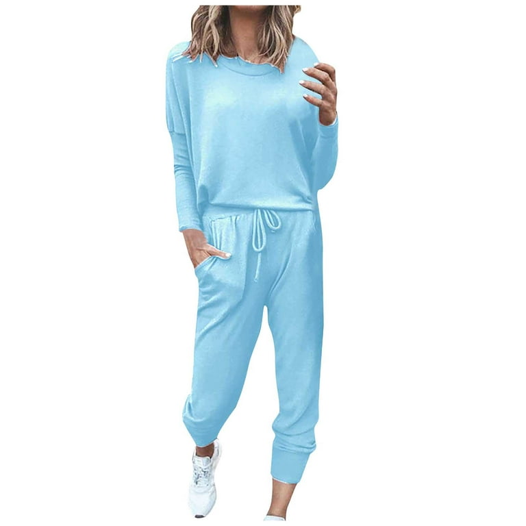 Two Piece Outfits for Women Solid Color Sweatsuits Sets 2 Pieces Jogger Sets  with Pockets Long Sleeve Jogging Sweat Suit 