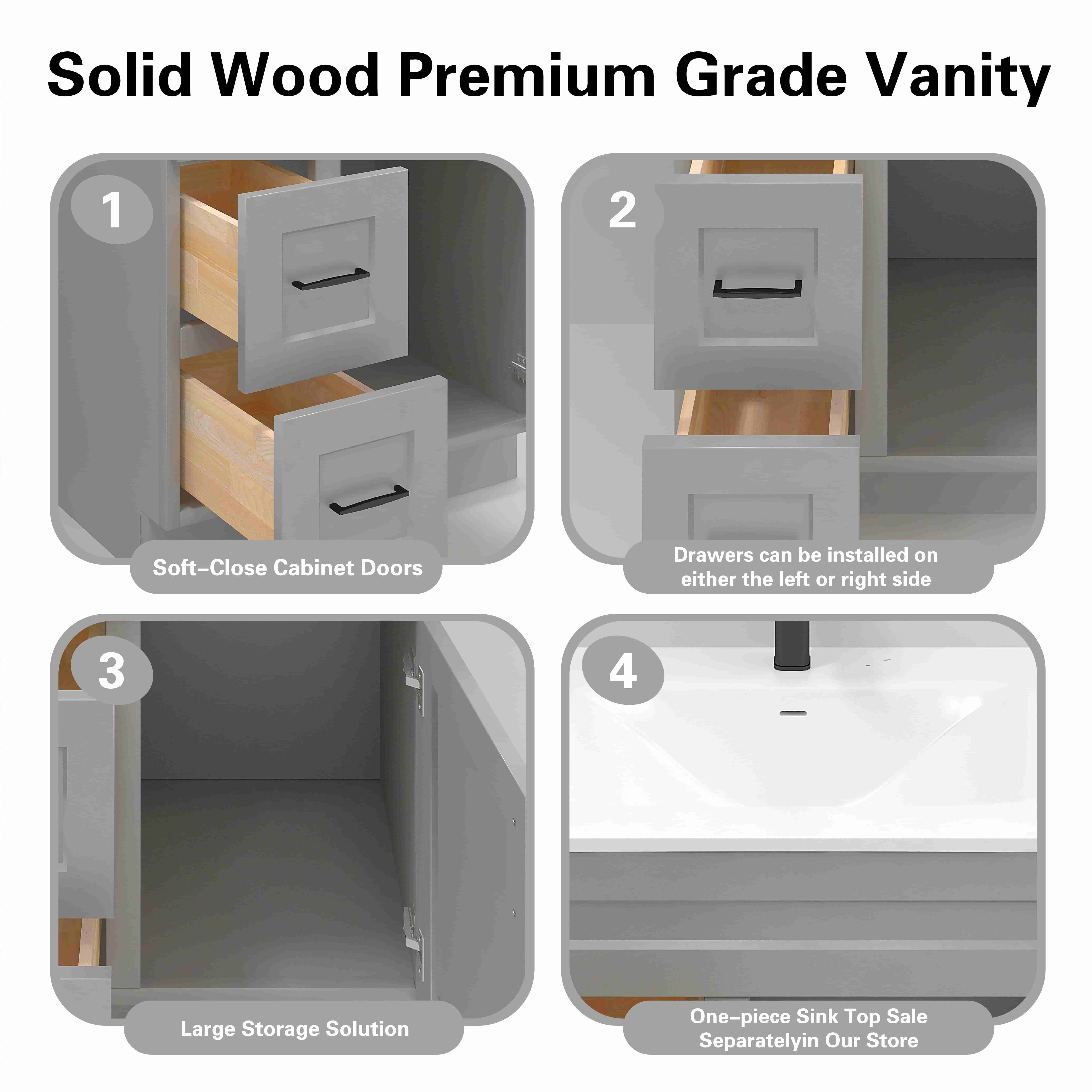 Light Grey Shaker Bathroom Vanity Sink Base with Drawers 30" Ready-to-Assemble Cabinet