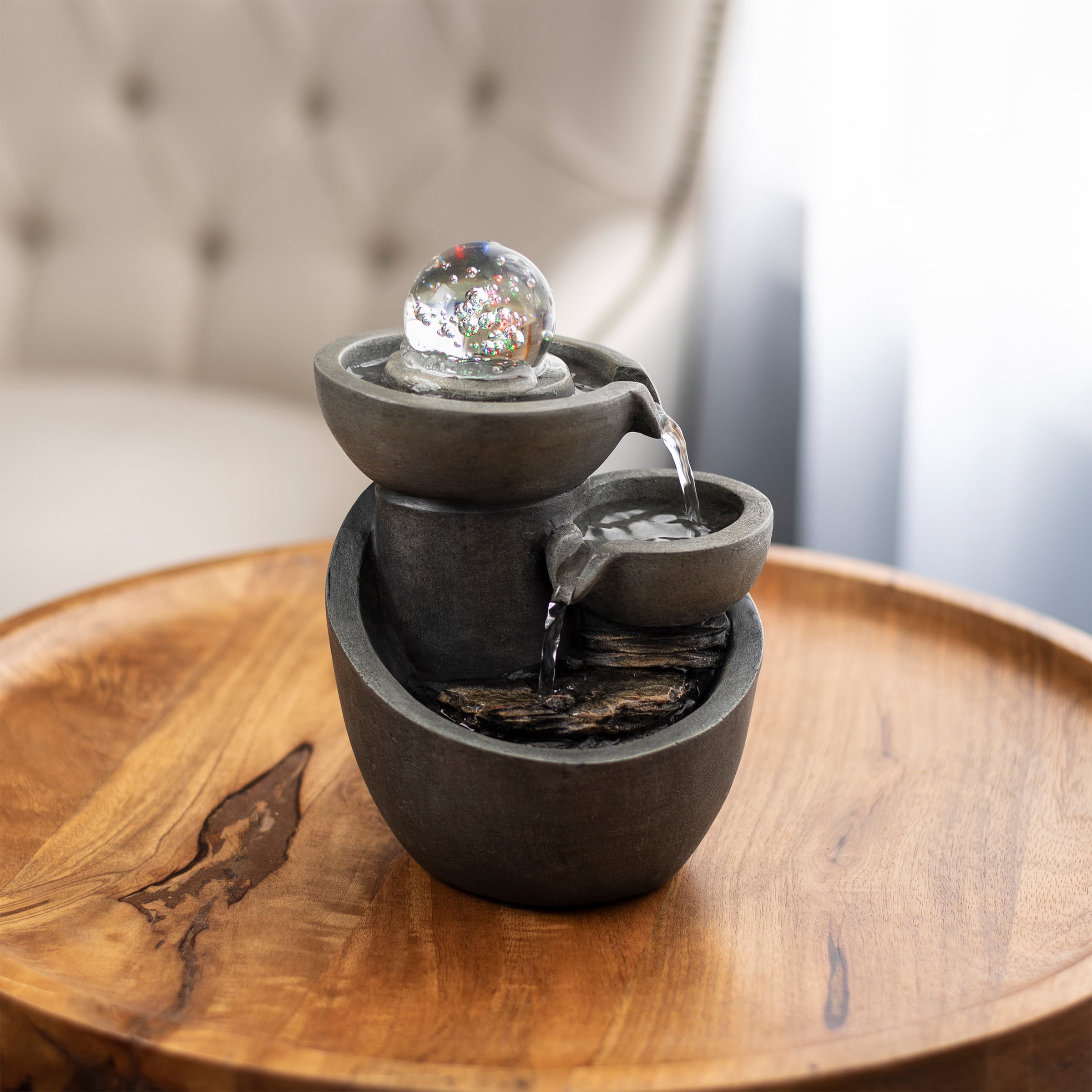 Tabletop Water Fountain 3Tier Waterfall with Rolling Glass Ball