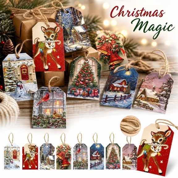24Pcs Vintage Christmas Gift Tags with Twine, Retro Holiday Paper Labels for Xmas Tree Decor, Party Favors, Cookie Bags & Gift Wrapping, 8 Designs