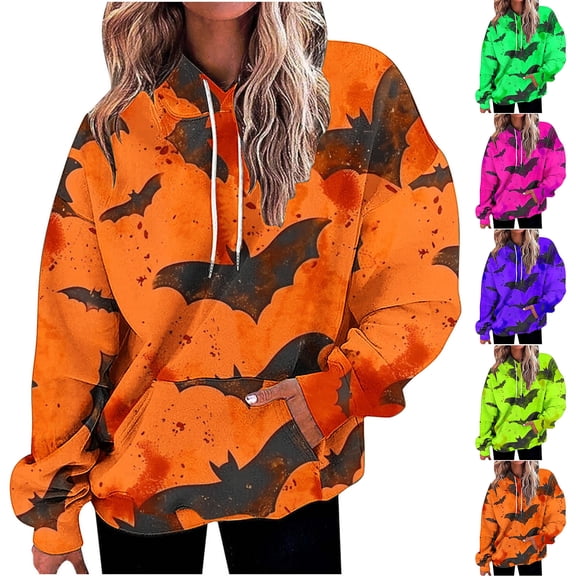 Oiangi Womens Plus Size Hoodies Fall Long Sleeve Drawstring Halloween Sweatshirts Bat Graphic Cozy Pockets Pullover for Autumn Fashion Hot Pink 5XL