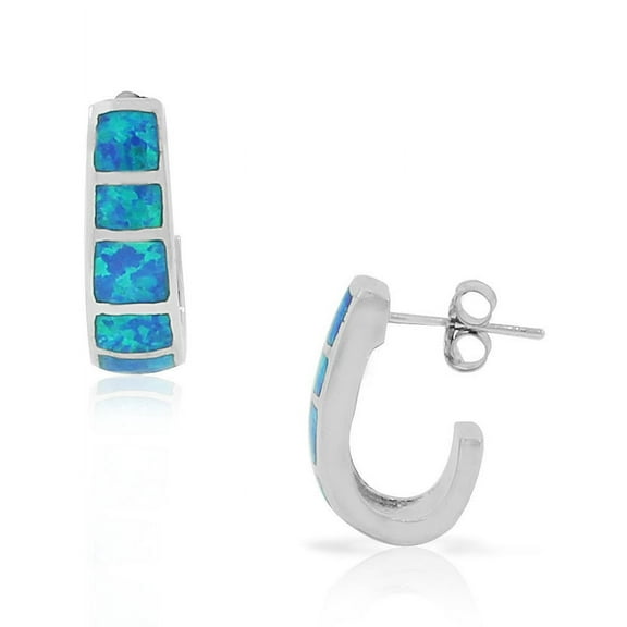 925 Sterling Silver Blue Simulated Opal Half-Hoop Earrings