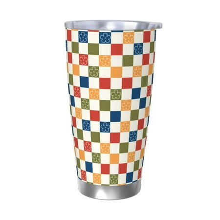 

Zeuib Floral Checkerboard Printed 20oz Stainless Steel Insulated Car Cup Stainless Steel Thermal Cup Vacuum Insulated Leak-proof Travel Mug Cup-Without Straw
