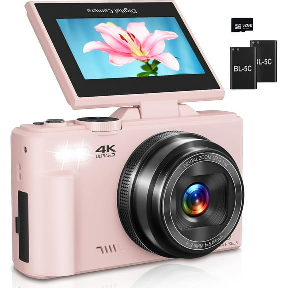 Digital Camera for Photography, 4K Vlogging Camera for YouTube 3" 180° Flip Screen 18X Digital Zoom Compact Cameras with 32GB TF Card & 2 Batteries, Pink