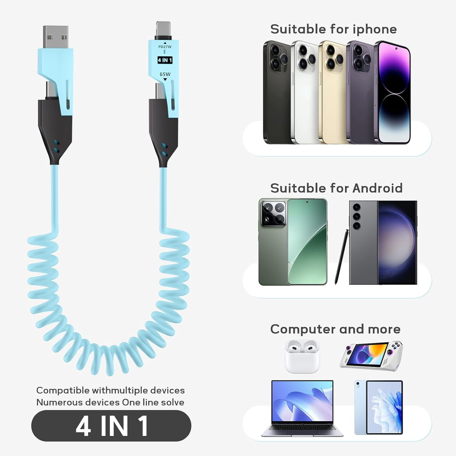 2-Pack 4-in-1 Coiled USB C Cable – 65W Fast Charging, 4ft Retractable, USB A/C/Lightning Connectors