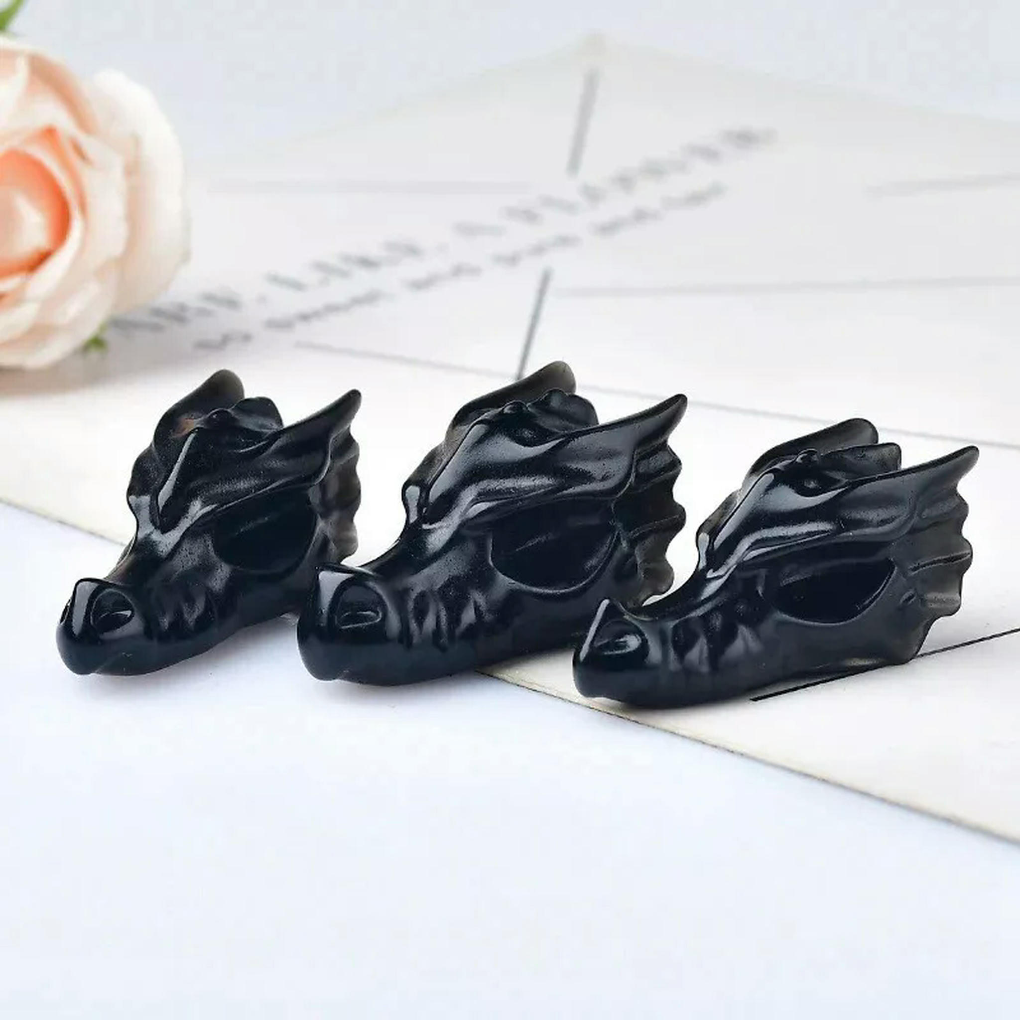 EOEMY 10Pcs Natural Black Obsidian Quartz Crystal Dragon Head Skull Carved Mini Statue