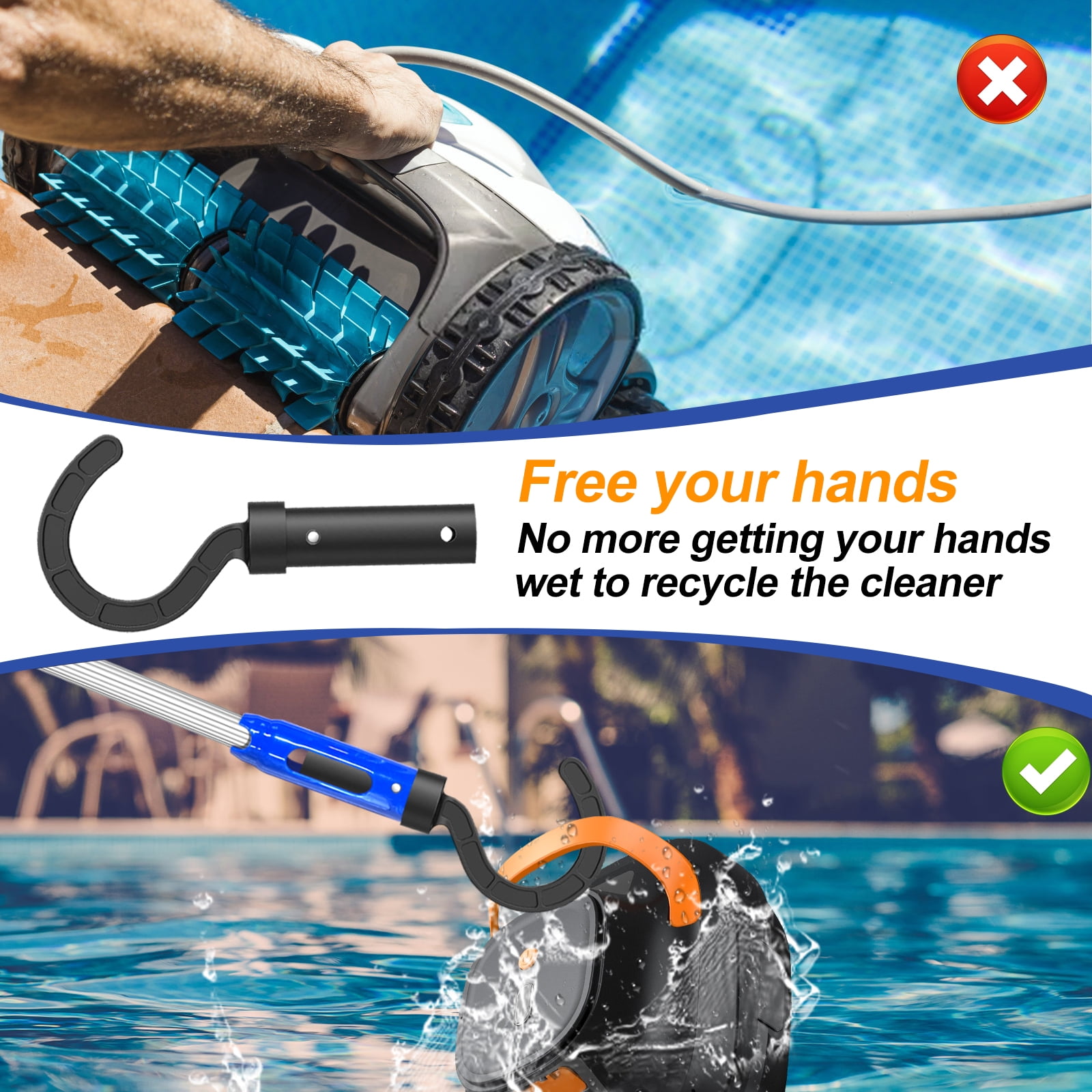 4 Section Aluminum Pool Pole with Hook for Robotic Pool Cleaners Vacuum Robot Accessories for Cordless Above Ground and Underwater Models 5.2 Feet Adjustable Handle