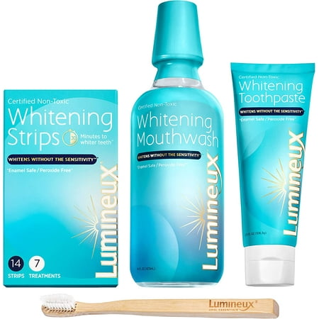 Best by 08/2025)) Lumineux Teeth Whitening Kit - Includes 7 Whitening Treatments  1 Mouthwash  1 Toothpaste & 1 Toothbrush - Natural & Enamel Safe for Sensitive Teeth - Fluoride Free  SLS Free & Dentist Formulated