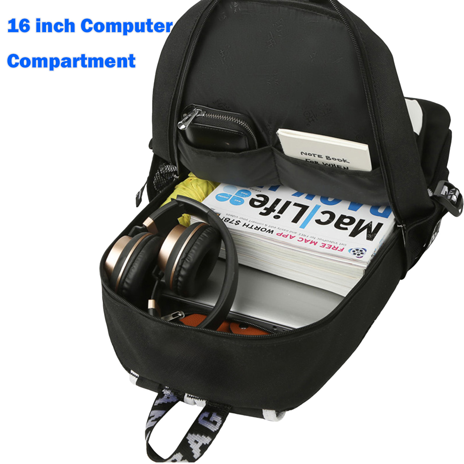 Mochilas escolares para niños, bolso escolar de moda de gran capacidad, impermeable con puerto de carga USB, estampado de astronauta en negro 4