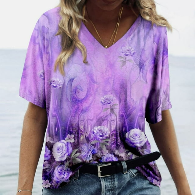 CNKOO Hauts pour Femmes Mode Décontractée Imprimé Col en V Manches Courtes T-shirt Imprimé Bleu G