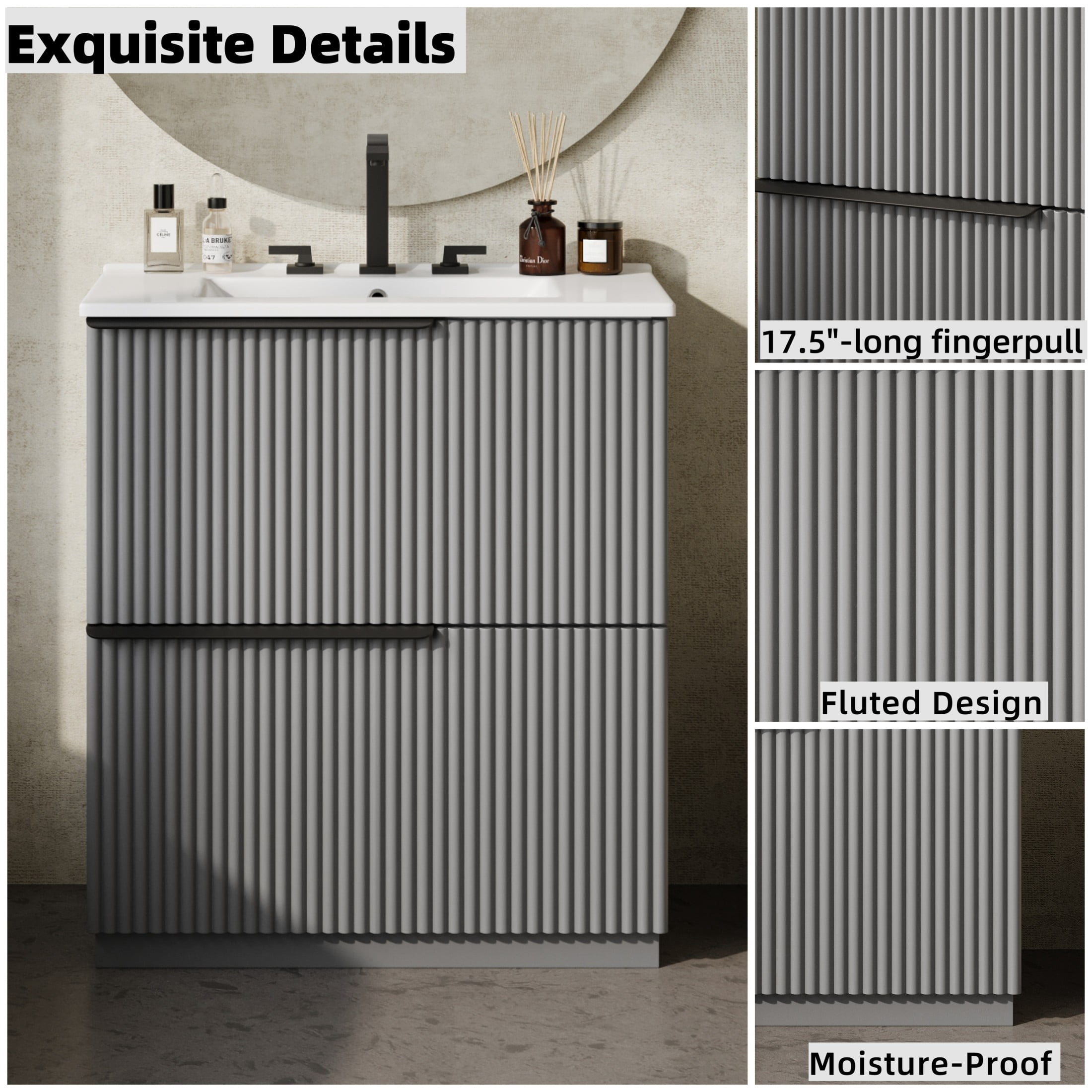 Christopher Knight Home 30" Bathroom Vanity with Sink, Soft-Close Drawers & Fluted Design, Gray