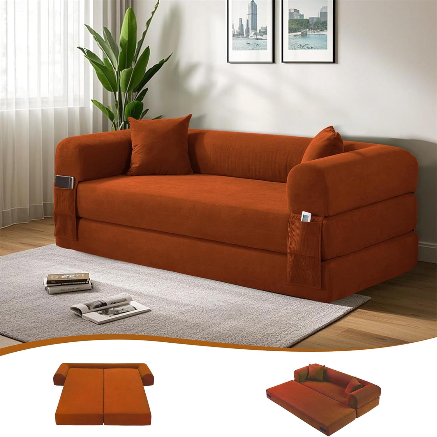 3 in 1 Convertible Sofa Bed, 80" Corduroy Folding Pull Out Couch with 2 Pillows, Floor Sofa with Side Storage for Living Room, No Assembly Modern Boneless Couch Compression Sofa, 35.4"W