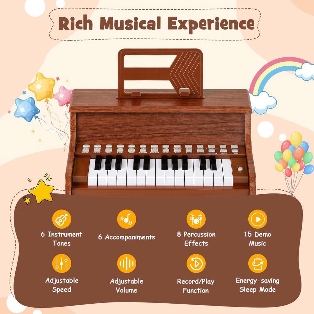 Resenkos 25-Key Kids Piano with Teaching Mode & Speed Control - Brown