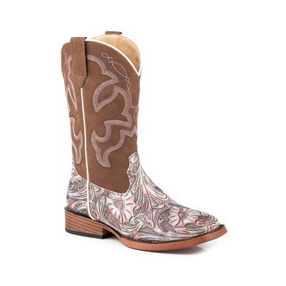 Roper Footwear Boys Roper Raya Kid`s White Floral Vamp with Brown Shaft Cowgirl Boot 12 Purple
