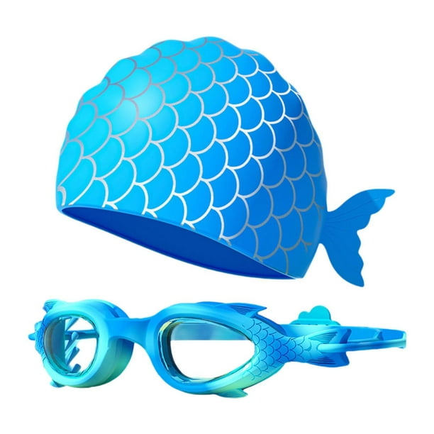 Gafas de natación con gorro, gafas de natación impermeables y ajustables para niños, natación de sirena Azul