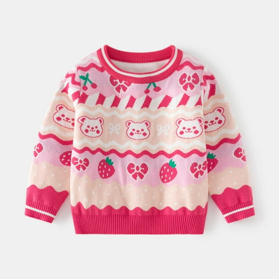Bnwani Girls Sweater New Fall Winter Knitted Cotton Pullover Crew Neck Casual Strawberry Bear Sweater Pink
