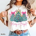 thumbnail image 2 of Merry & Bright Christmas Tree Graphic Print T-Shirt | Pink Holiday Bow Design | Comfort Colors Blossom Tee, 2 of 7