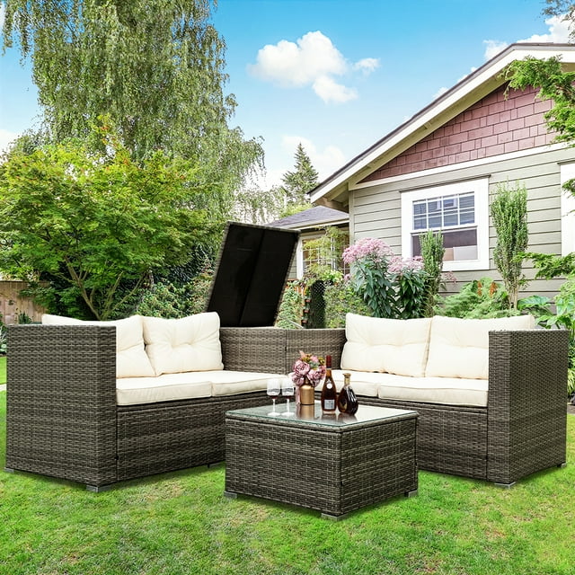 uhomepro Outdoor Wicker Bistro Patio Set, Rattan Patio Furniture Sets with Side Table, Glass Coffee Table, Outdoor Cushioned Rattan Wicker Sectional Sofa Set, Dining Table Sets For Backyard, Q12401