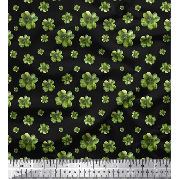 Soimoi Black Cotton Duck Fabric Clover Leaves Floral Print Print Fabric By the Yard 44 Inch Wide