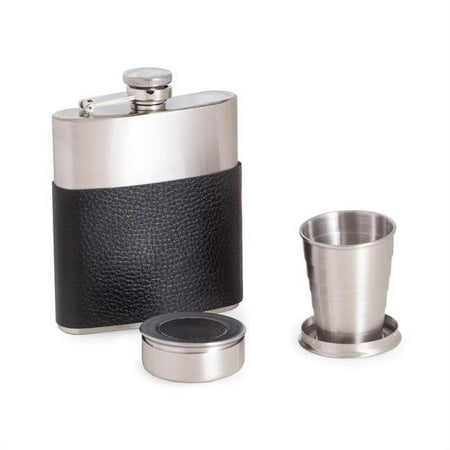

International 7 oz Stainless Steel Flask with Leather Wrap Captive Cap & Durable Rubber Seal 2 Collapsible Cups Gift Set - Black & Silver