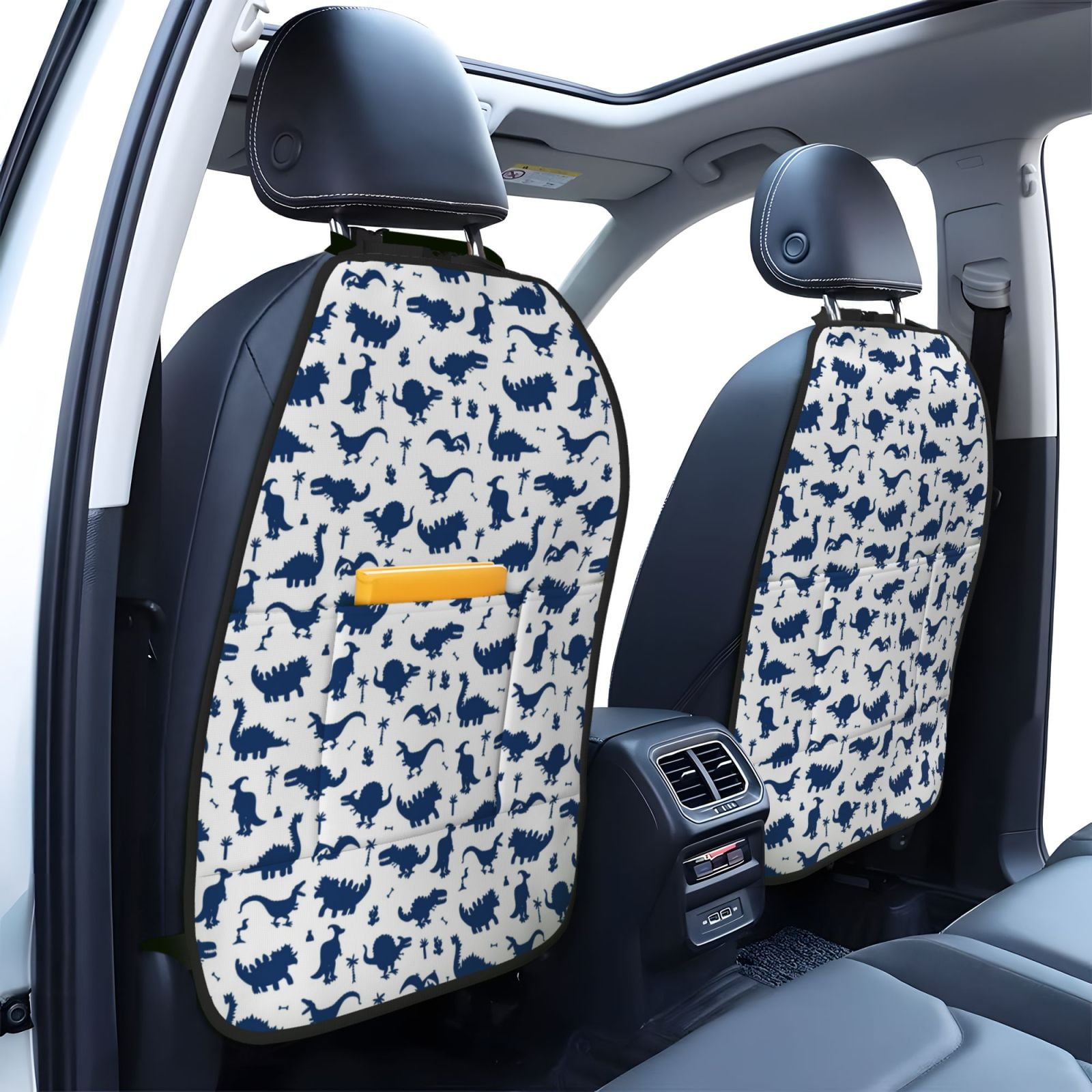 Xecao Cute Cartoon Dinosaur Pattern Car Seat Back Protector 2 Pack Large Capacity Pocket, Kick Mats Back Seat Protector