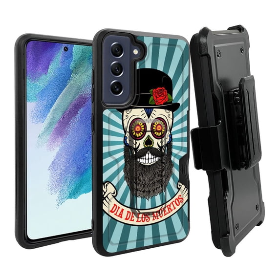 ANJ+ Rugged Dual Layer Hybrid Holster Kickstand Case w/ Card Slot + Tempered Glass Cover for Samsung Galaxy S21 FE 5G - Los Muertos