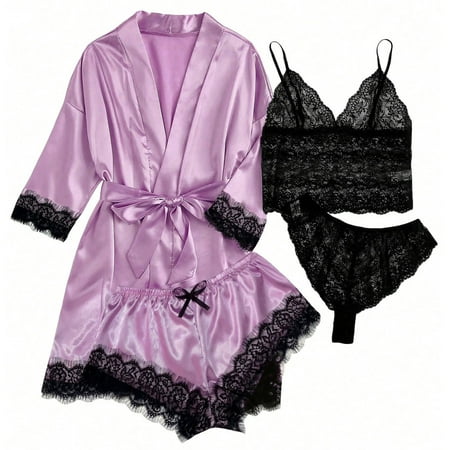 Levmjia Women s Short Sleeve Pajama Sets Nightshirts 4-Piece Women Sexy Garter Lingerie Set Robes Lace Bodysuit Deep-V Neck Underwear
