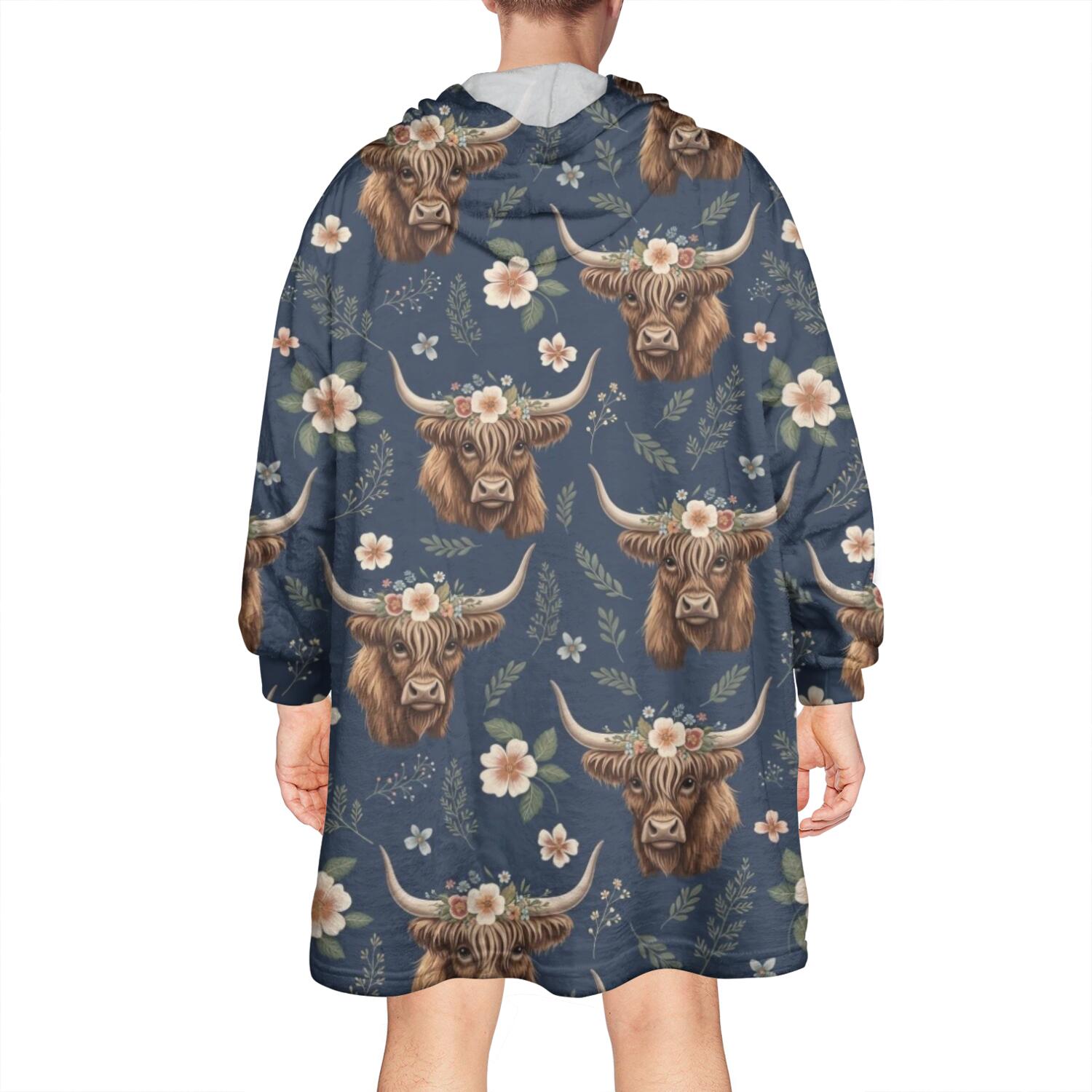 Blue Highland Cow Flower Pattern Wearable Oversized Blanket,Wearable Blanket Hoodie for Adults,Cozy Hooded Blankets with Super Pockets,Super Warm Fuzzy Pullover for Women & Men