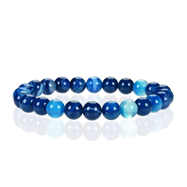 Nvzi Pulsera de cuentas hecha a mano, pulsera de cuentas de piedra de cristal natural de 8 mm (azul rayado)
