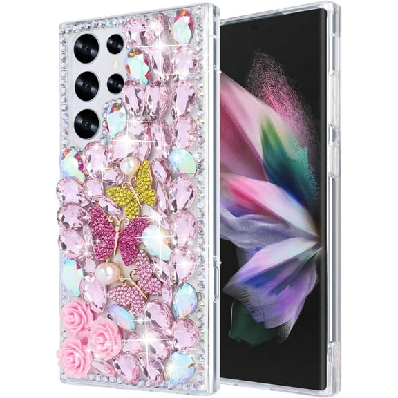 Compatible with Samsung Galaxy S23 Bling Diamond Case Luxury Glitter Shiny Sparkly 3D Butterfly Flower Crystal Rhinestones Phone Case for Women Girly Slim Shockproof Phone Cover, Pink