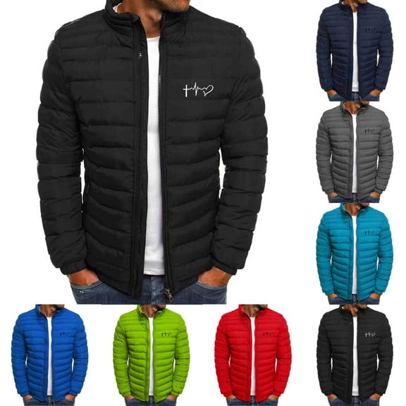 Winter Warm Jackets for Mens Fashion Plus Size Heart Printed Long Sleeved Zipper Pocket Hooded Stand Collar Casual Cotton Jacket Black Deal on Clearance!