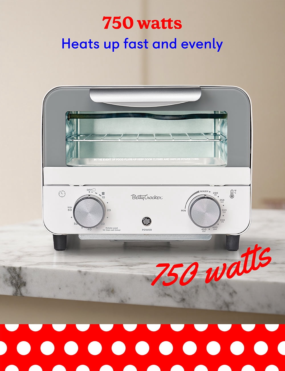 Betty Crocker Mini Toaster Oven, Compact Countertop Oven for Dorms, RVs, Apartments, 7-Liter Capacity, 750W, Adjustable Timer, Includes Baking Tray & Rack, BC-5629W, White/Gray