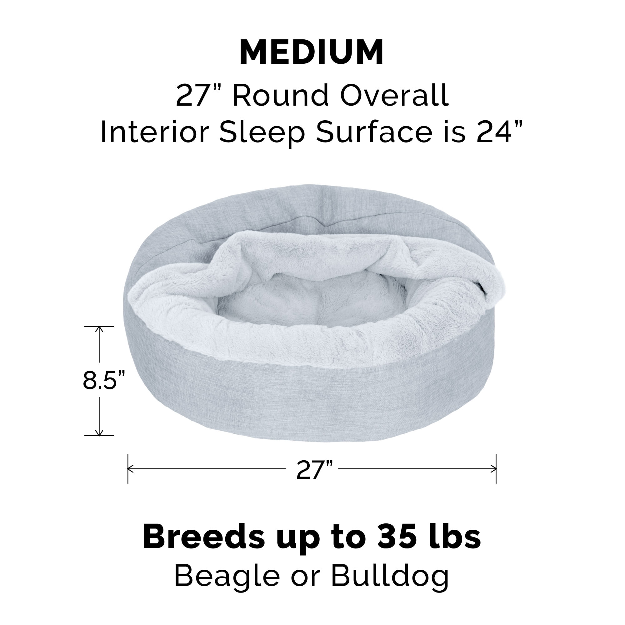 FurHaven Plush & Performance Linen Hooded Donut Pet Bed for Dogs & Cats - Mist Gray, Medium - 27"