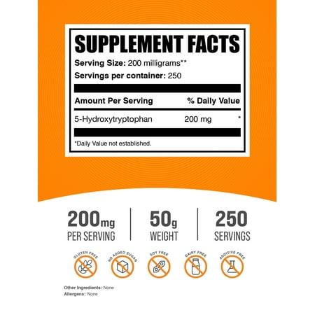 BulkSupplements 5-HTP (5-Hydroxytryptophan) Powder - 200mg per Serving - 50 Grams (1.8 oz) - 250 Servings