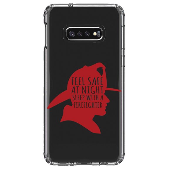 DistinctInk Clear Shockproof Hybrid Case for Samsung Galaxy S10e (5.8" Screen) - TPU Bumper Acrylic Back Tempered Glass Screen Protector - Feel Safe at Night Sleep with a Firefighter