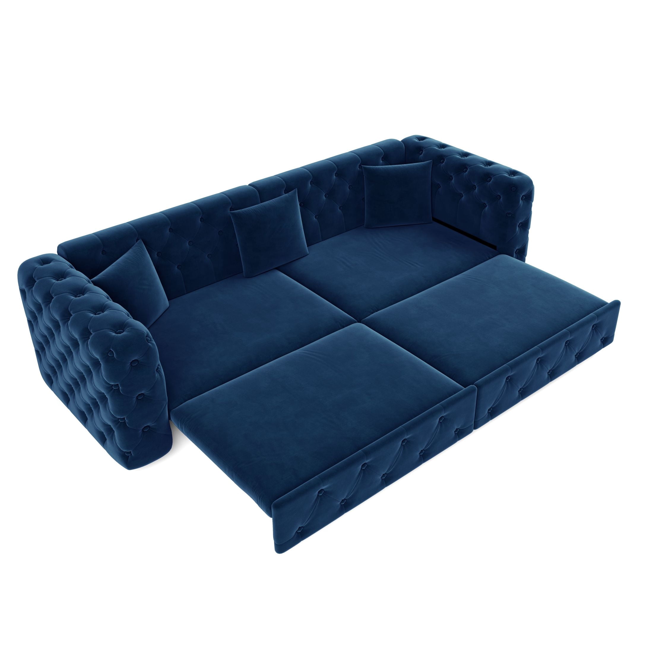 Noble House Belric 4-Seater Velvet Chesterfield Pull-Out Sofa Bed, Multifunctional 3-in-1 Tufted Sleeper Couch, Blue