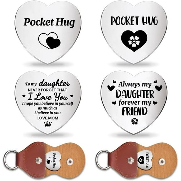 2Pcs Heart Pocket Hug Token to Daughter with Key Chains Long Distance Relationship Keepsake Double Sided Engraved Metal Coin Souvenir Pocket Hug Coin