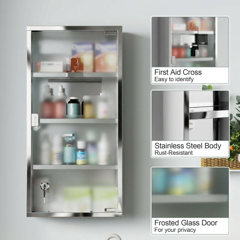Alvantor Lockable Medicine Storage Cabinet with 4 Shelves, Stainless Steel Wall Mount Silver 12"x24"