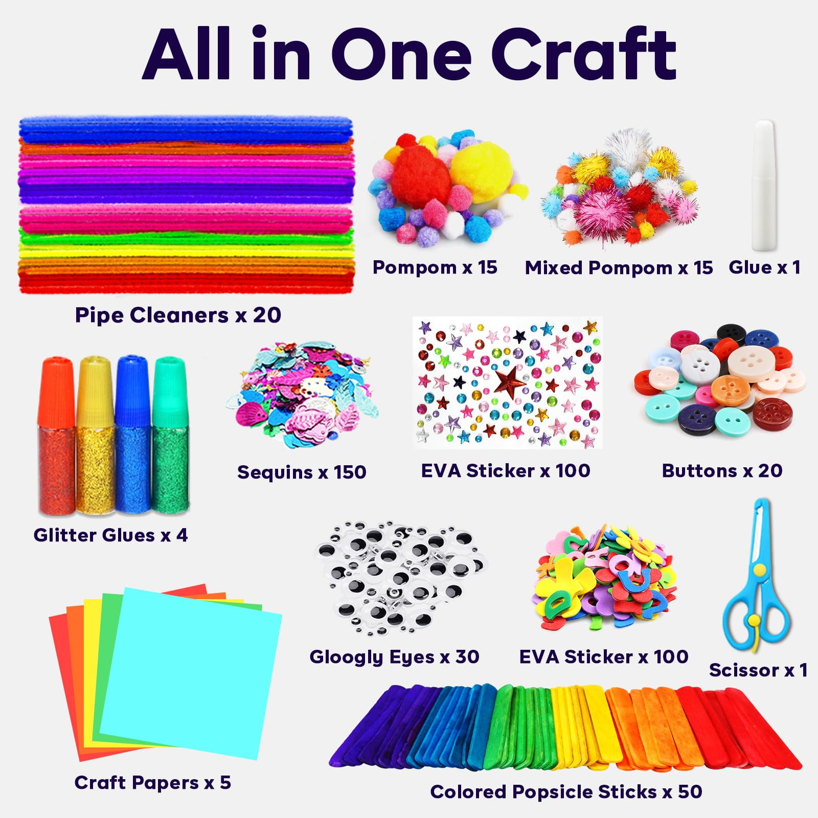 Arts and Crafts Supplies for Kids - Craft Kit with Glitter Glue Stick, Pipe Cleaners Pom Poms Craft & Craft Tools, DIY School Supplies Kit, Girls Toys, Birathday Gifts for Girls Boys Age 4+