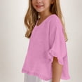 thumbnail image 2 of Faraee Cotton Linen Shirts for Girls 2026 3/4 Sleeve Ruffle Hem Oversized Blouse Kids Loose Fit Crewneck Tops for Summer Beach Vacation 5-15 Years Purple, 2 of 6