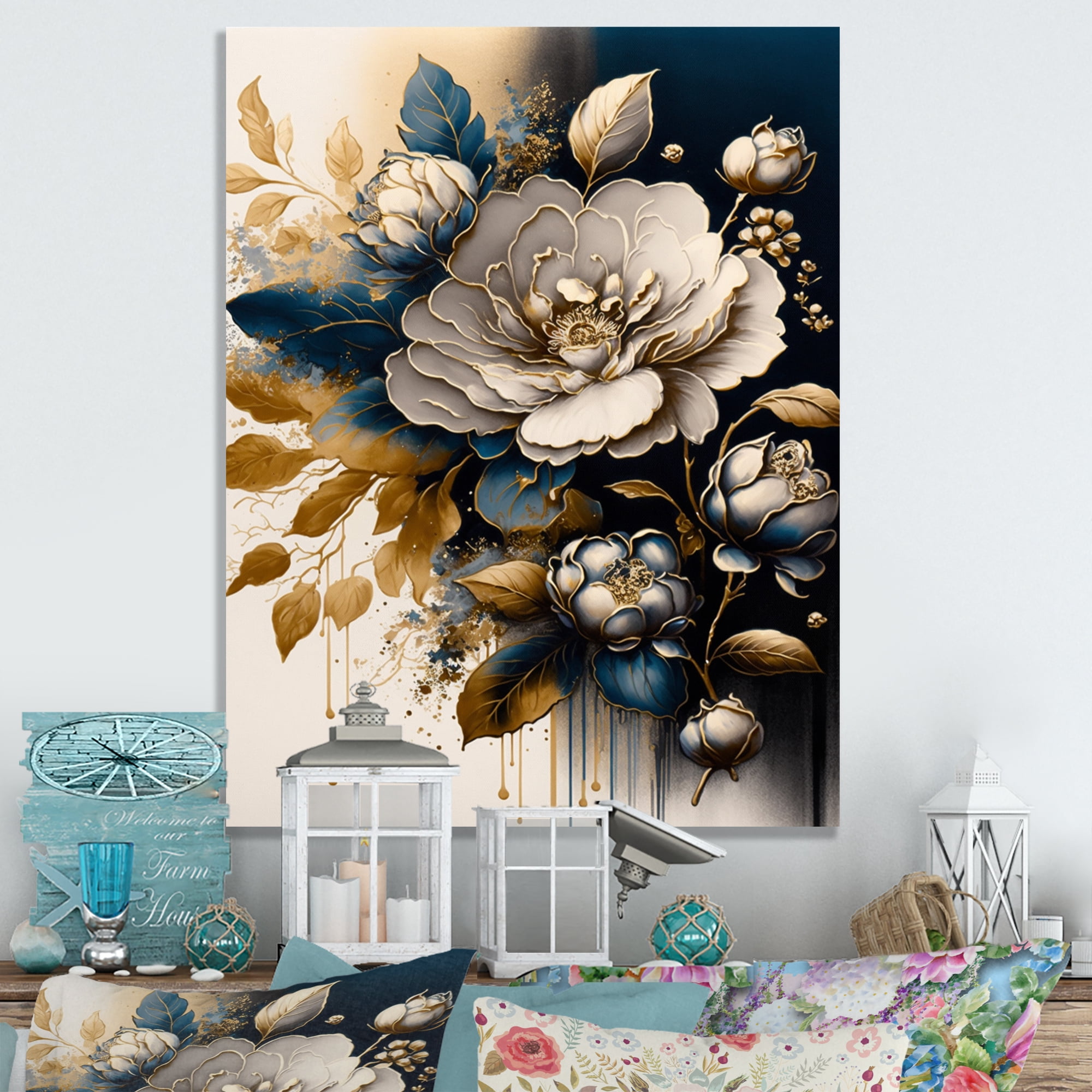 Designart Black And Gold Camellia Bouquet I Canvas Wall Art