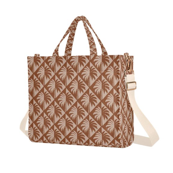 FORMRS Womens Corduroy Tote Bag Crossbody Shoulder Purse Handbag with Detachable Strap, Brown Palm Tree Pattern