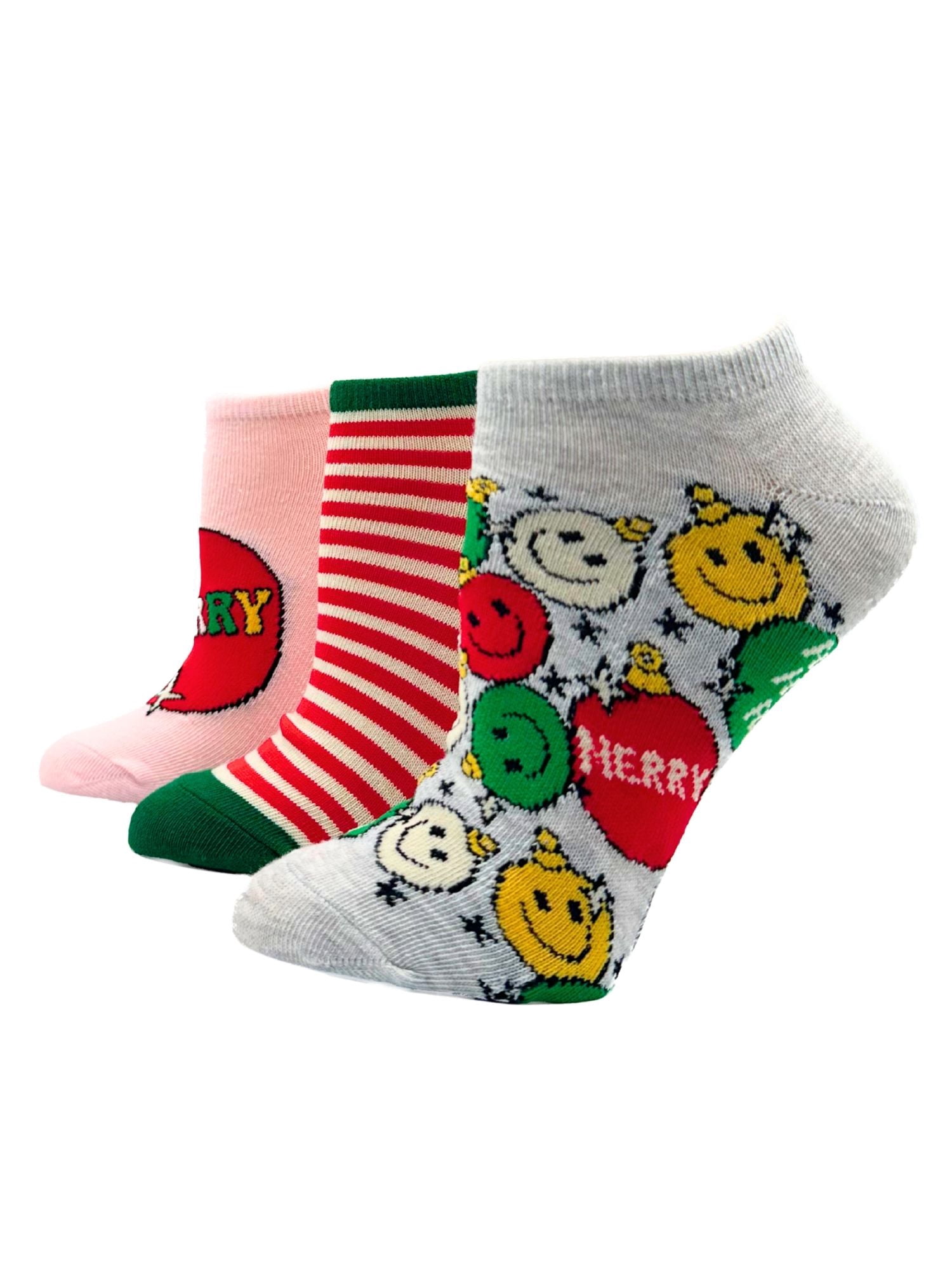 Holiday Time Women's Smiley Face Ornament No-Show Socks, 3-Pack, Size 4-10
