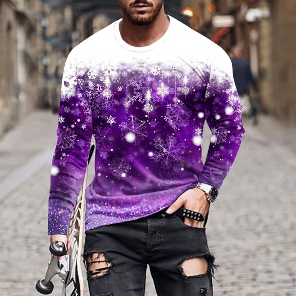 Fnnxeal Mens T-Shirts, Print Long Sleeve Christmas Fall Winter Shirt for Men Purple