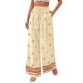 thumbnail image 3 of Women'S Wide Leg Palazzo Pants Boho Floral Trousers Flowy Beach Vacation Clothes Resort Wear Light Brown M, 3 of 9