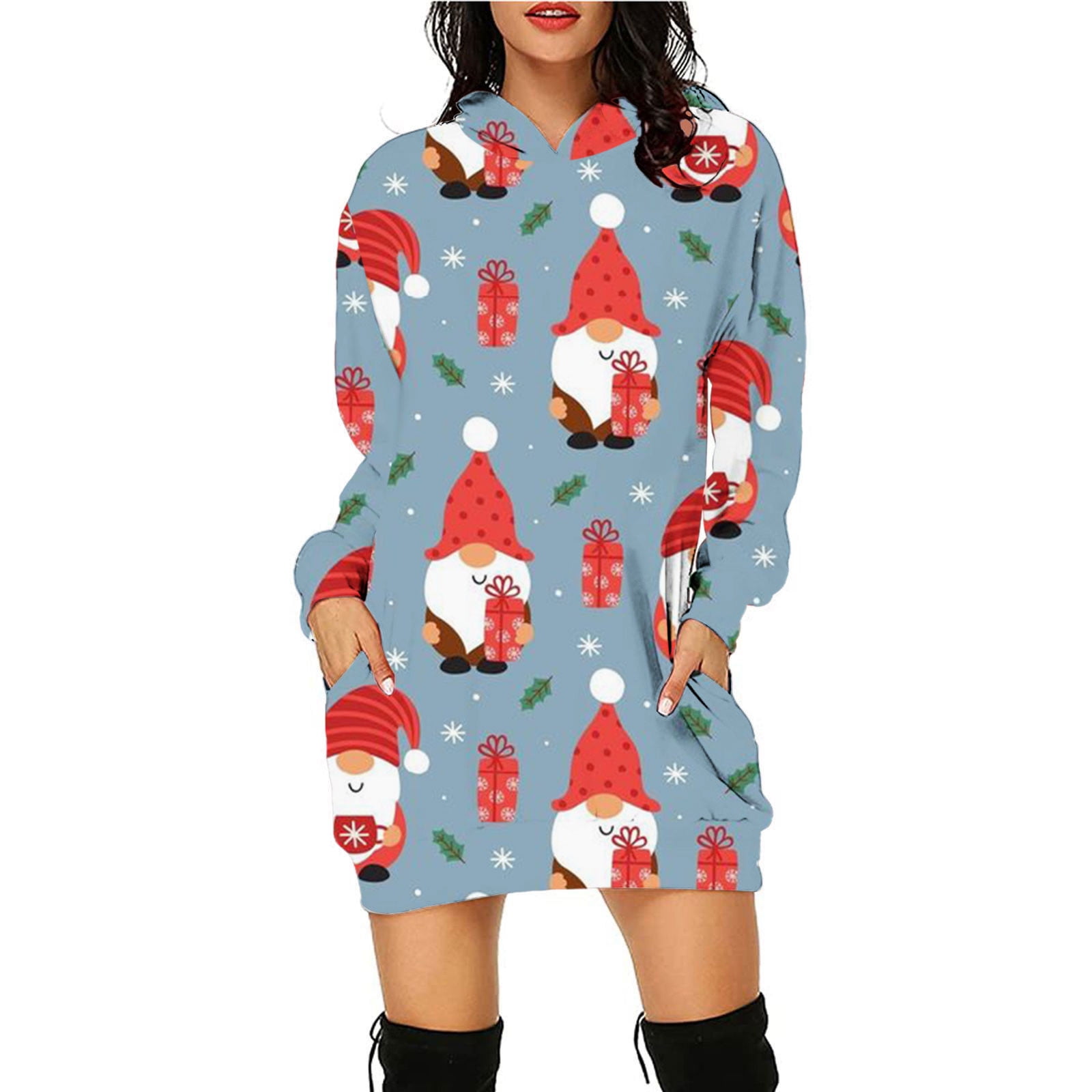WUAI Womens Long Sleeve Christmas Dress Xmas Trees Santa Claus Digital Printed Ugly Long Maxi Dresses 