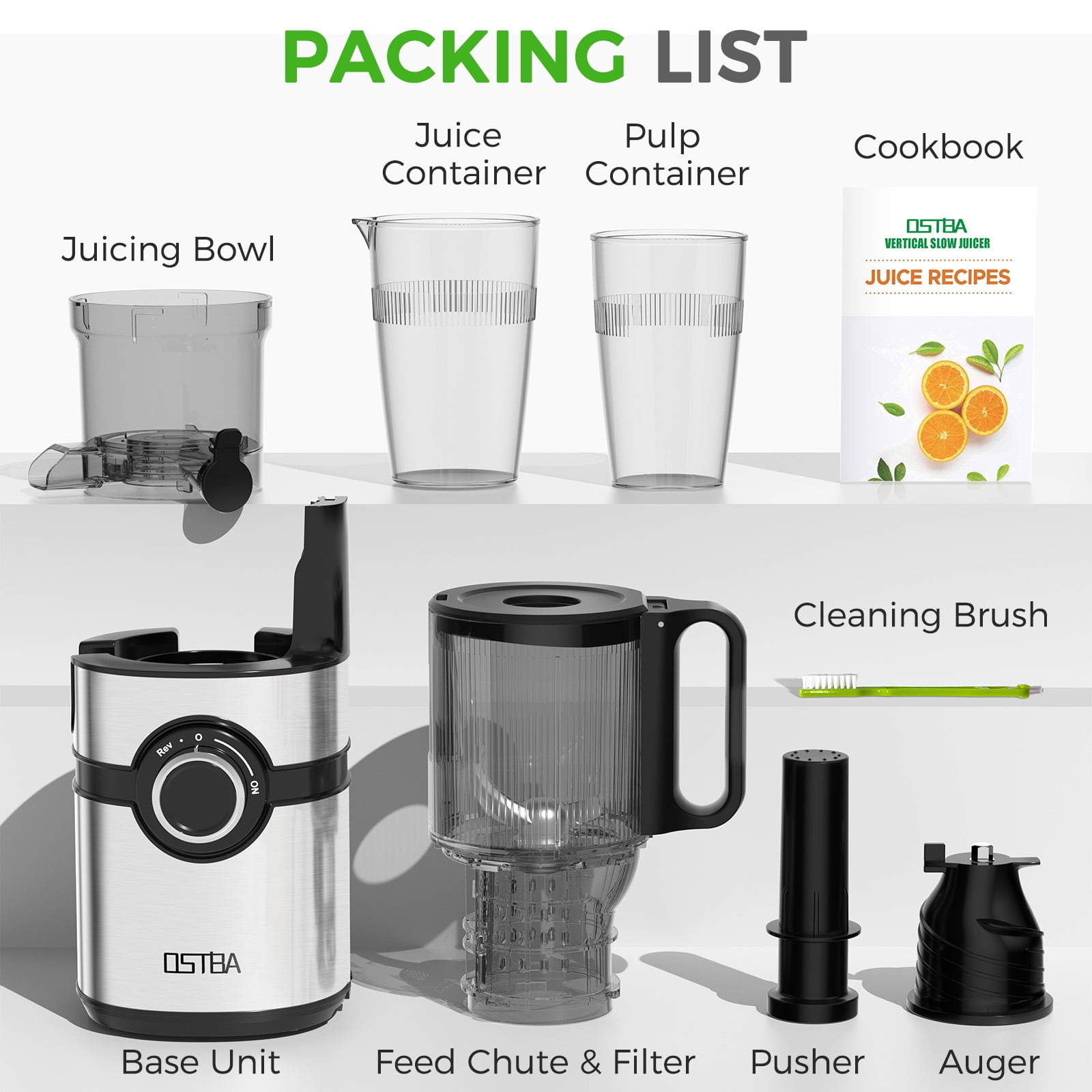 OSTBA Juicer Machine, Cold Press Juicer with Big Wide 5" Chute 1200 ml Juice Cup, Masticating Juicer for Fruits and Vegetables, High Juice Yield, Easy to Clean