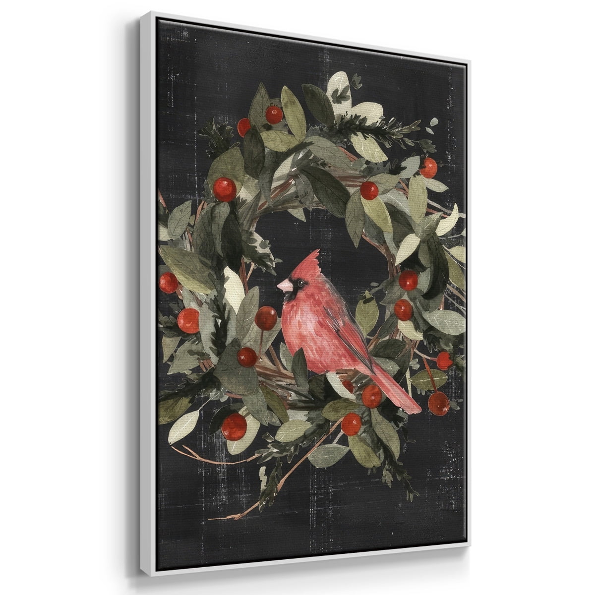 Christmas Cardinal I - Framed Gallery Wrapped Holiday Canvas - 17 x 25 - White Frame