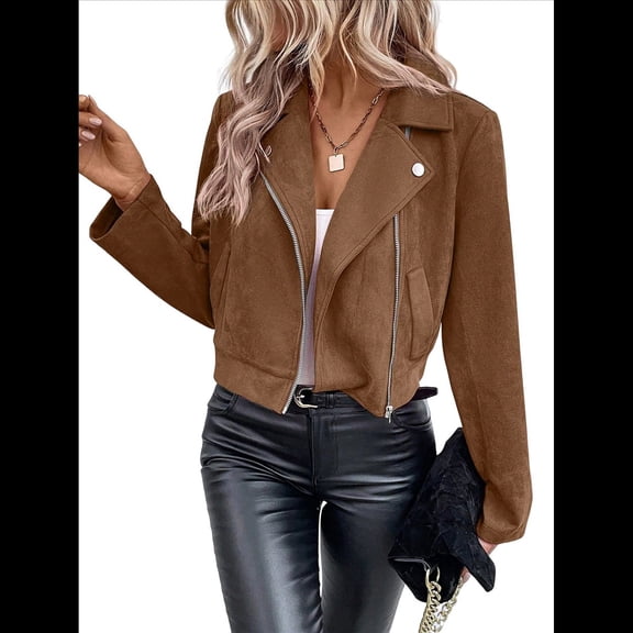 Women'S Cropped Zipper Long Sleeve Suede Faux Leather Blazer Jacket Autumn Fashion Outerwear Coffee M